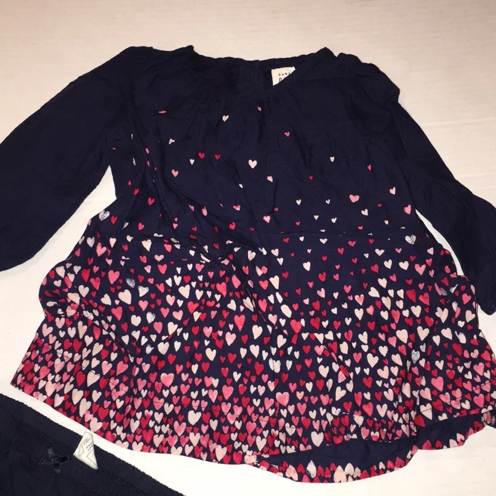 Baby Gap Navy Pink Hearts Long Sleeve Girls Dress With Bloomers Set | 12-18 M